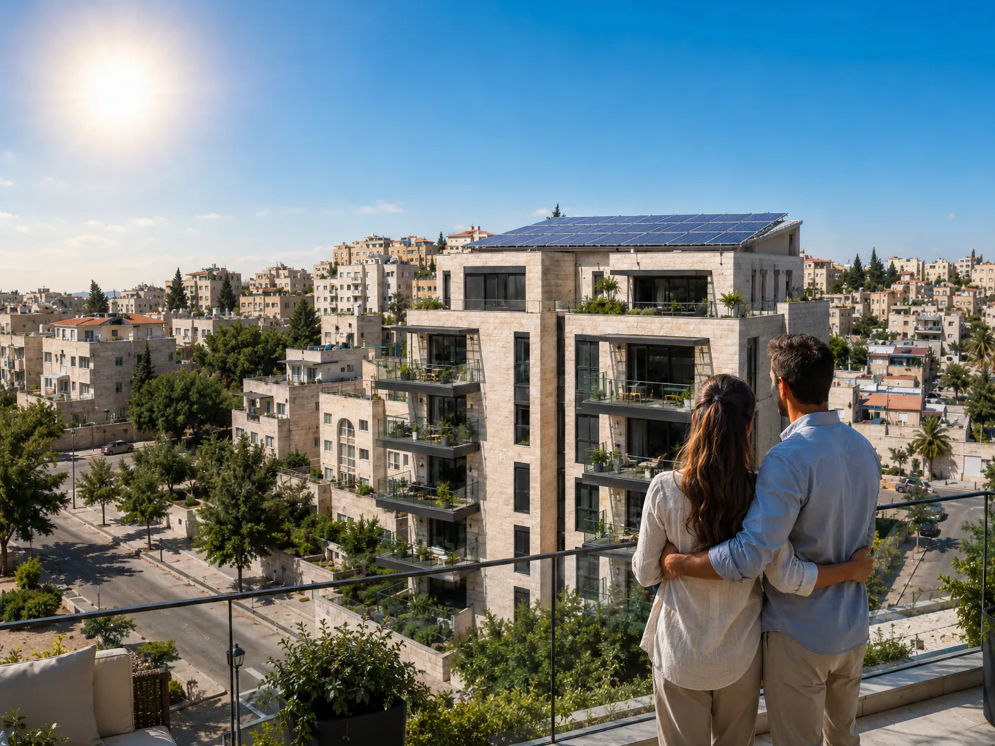 בניין מגורים עם מערכת סולארית על הגג